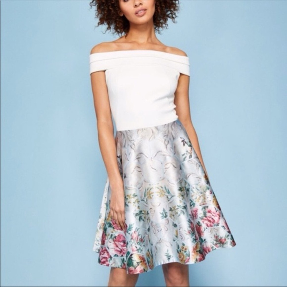 Ted Baker Bardot Metallid Floral A-Line Dress- Size 0